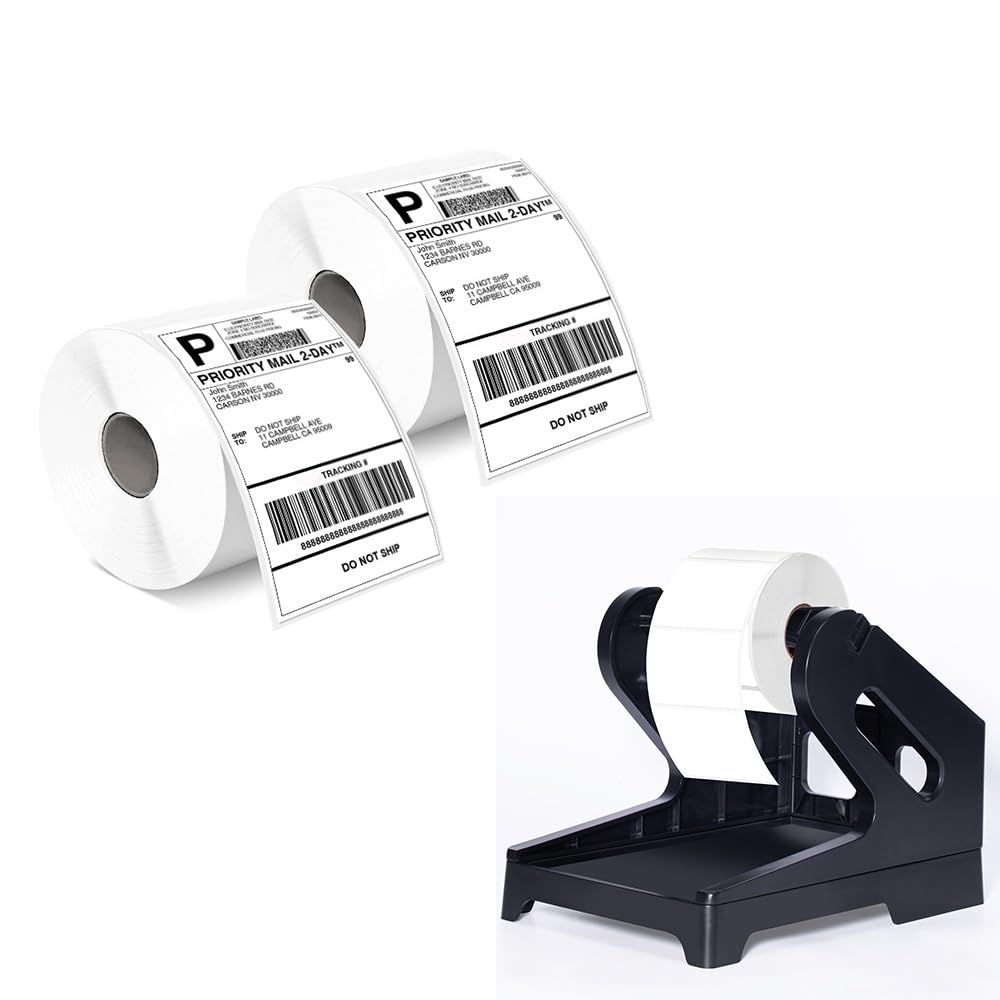 Phomemo Kit d'Impression Thermique : Porte-Étiquettes 2-en-1 & 2 Rouleaux d'Étiquettes d'Expédition 4x6 (1000 Étiquettes) - Compatible avec MUNBYN, Phomemo, Rollo - Imperméable, Sans BPA