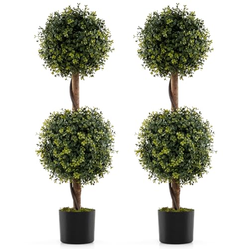 Condition photo showing New/Like New for goplus 3 ft artificial boxwood topiary trees, set of 2 faux outdoor topiary ball tree with cement-filled pot, fake greenery plants decorative trees for front porch, front door, balcony