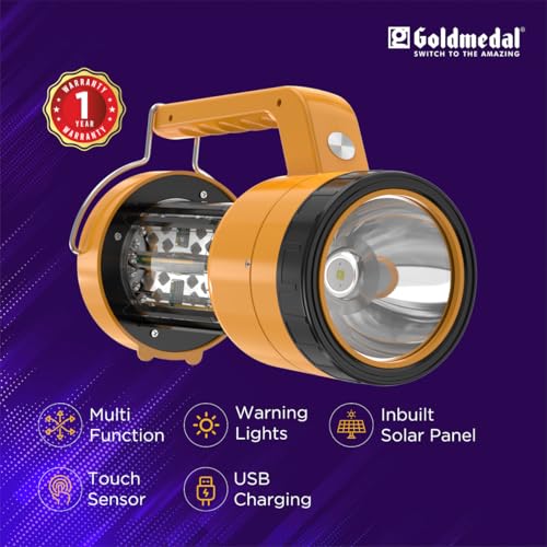 Image of Goldmedal Ranger Solar Filament Lamp - CNW + Red, Blue, Pack of 1 Multi-Function | Warning Lights | Inbuilt Solar Panel | Touch Sensor | USB Charging | Energy Saving