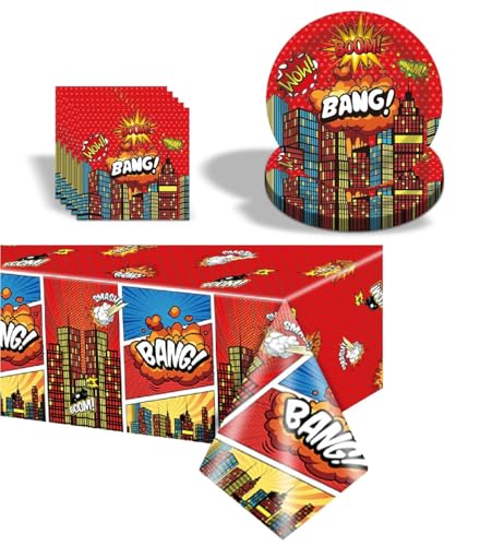 Hero City Super-héros Vaisselle, Superhero Party Tableware, Héros Thème Ensemble de Fournitures de Fête pour Super Héros Vaisselle Thème Anniversaire (Rouge)