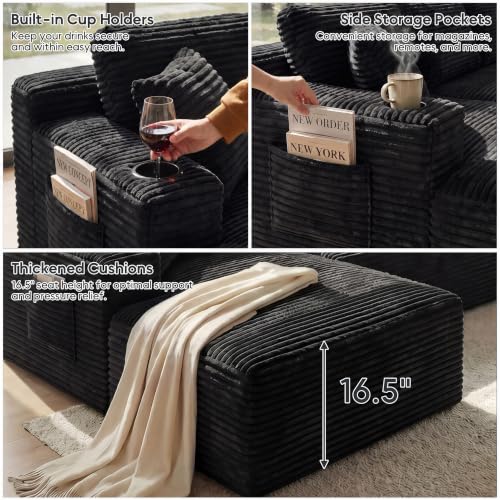 Image of 133 inch Oversized Cloud Boneless Sofa Couch with Chaise, Modern Corduroy U Shaped Modular Sectional Sofa with Deep Seat, Comfy Couch with Cupholders and Storage, No Assembly Required-Black