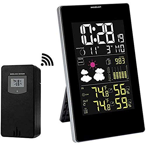 Wetterstationen mit Innen-/Außensensor, kabellos und Temperatur- und Luftfeuchtigkeitsmonitor, barometrische Vorhersage, Wecker, Mondphase,