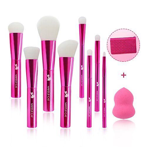 MAKEUP CAT 8 pieces Professional Makeup Brush Set Aluminum handle Cosmetic Brushes Kit with case Makeup Foundation Contour Blush Concealer Lip Face Eye Eyeshadow Blending Kabuki Brushes Sets Rose Red