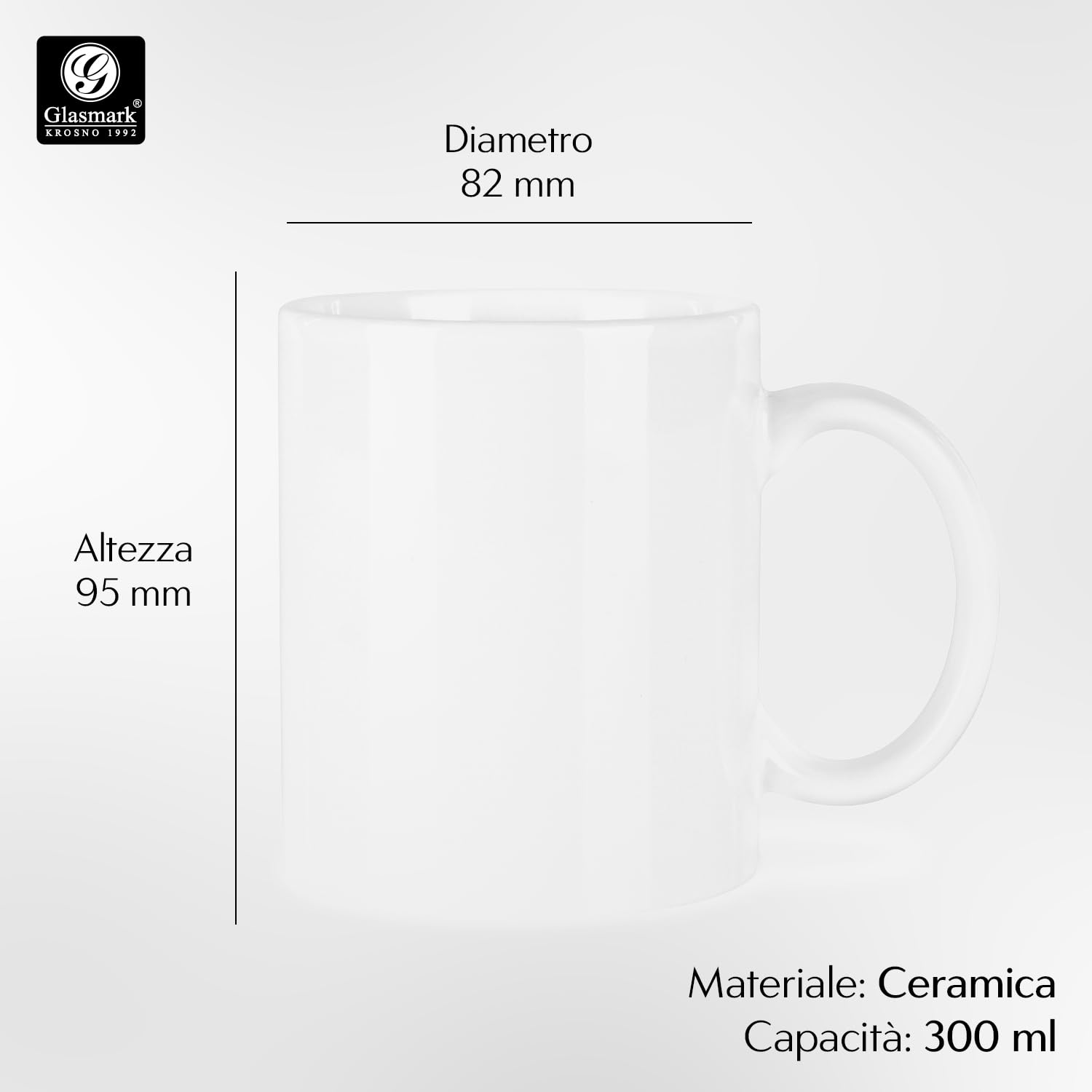 Glasmark Krosno - Set di 6 tazze da caffè in ceramica con manico, 300 ml, colore: Bianco
