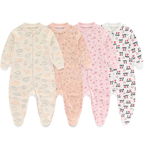 MAMIMAKA Newborn Baby Girls Onesies Footed Sleepsuit 2-way Zip Pajamas for Play and Sleep ,0-3 Months