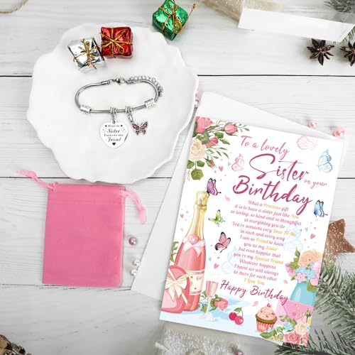 Image of HOWAF Sister Birthday Gift Cards with Bracelets, Sister Birthday Cards Heart Bracelet for Sister from Sister, Sister Birthday Greeting Cards Sister Happy Birthday Cards Sister Bracelets Engraved