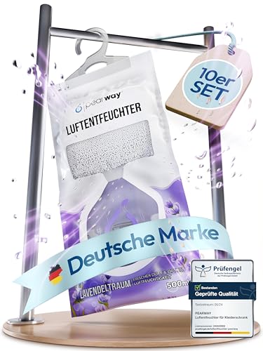 PEARWAY 10x XL 500ml Luftentfeuchter Beutel zum Aufhängen gegen Feuchtigkeit Schimmel und Gerüche im Kleiderschrank und an feuchten Fenstern - Schrankentfeuchter zum Hängen
