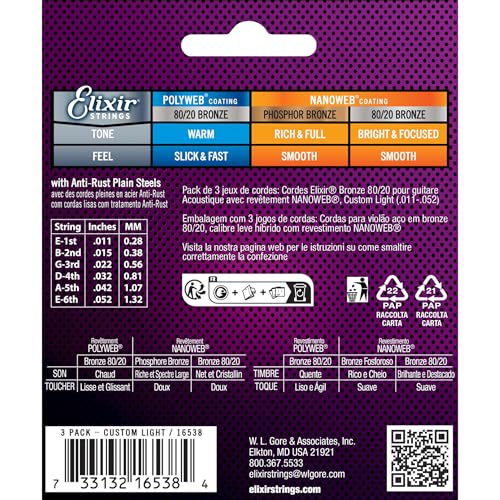 Image of Elixir Strings, Acoustic Guitar Strings, 80 /20 Bronze with NANOWEB Coating, Longest-Lasting Bright and Focused Tone with Comfortable Feel, 6 String Set, 3 Pack, Custom Light 11-52