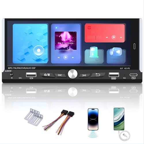 TrnAAs Single Din Car Radio Compatible with Wireless CarPlay, Car Stereo with 6.9 Touchscreen, Car BT, FM AM Radio, GPS Navigation Type-C/Dual USB 2.1A Fast Car MP5