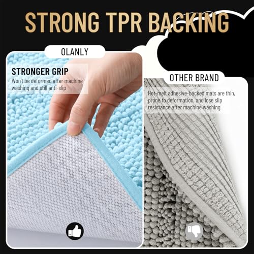 Image of OLANLY Thick Bathroom Runner Rugs 44x24, Extra Absorbent Chenille Striped Bath Rugs, Rubber Backing, Machine Wash Dry, Long Bath Mats for Bathroom, Tub and Shower, Home Decor Accessories, Sky Blue