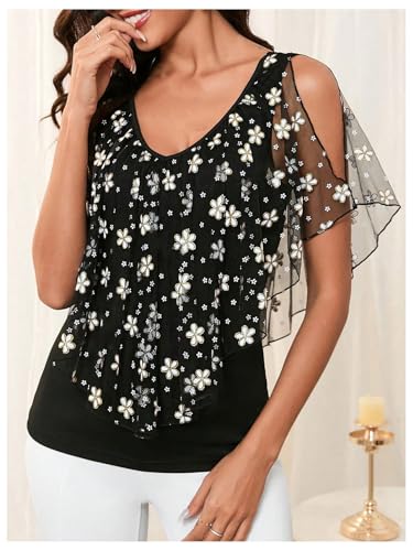 MakeMeChic Women's Floral Mesh Cold Shoulder Tees Top V Neck Cut Out Tee Shirt Tops4