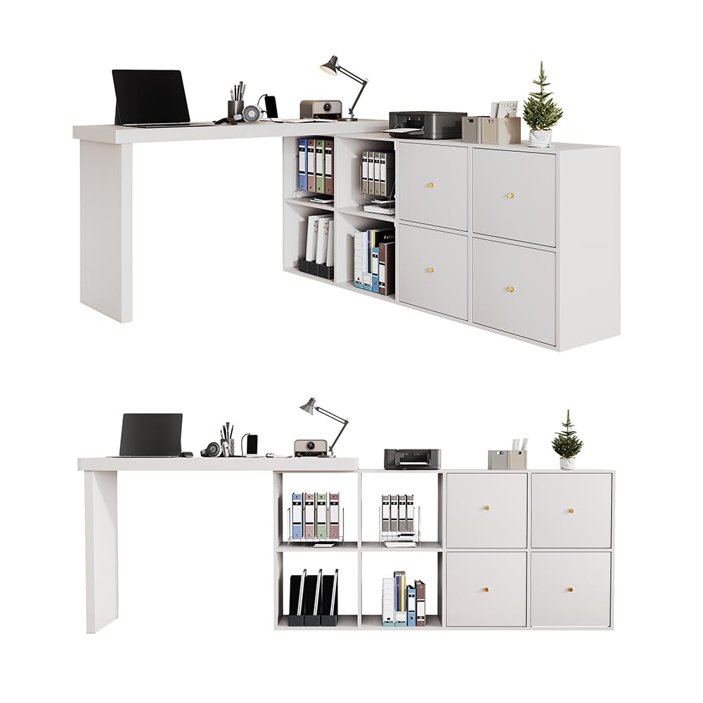 Sweiko Sideboard Table d'angle, Plateau pivotant à 360°,Peut être installée en L ou Droite, Plateau et Pieds renforcés de 4 cm, avec 4 Compartiments, 4 tiroirs (White)