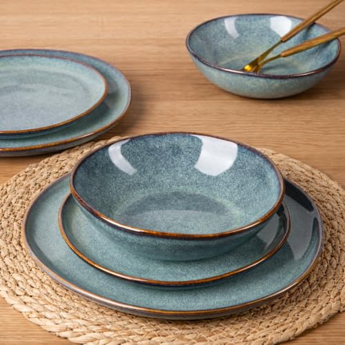 Image of AmorArc Ceramic Dinnerware Sets for 4, 12Pcs Plates and Bowls Sets Dishes | Stoneware Handmade Reactive Glaze Dinner Set, Highly Scratch Resistant | Dishwasher & Microwave Safe Dishware
