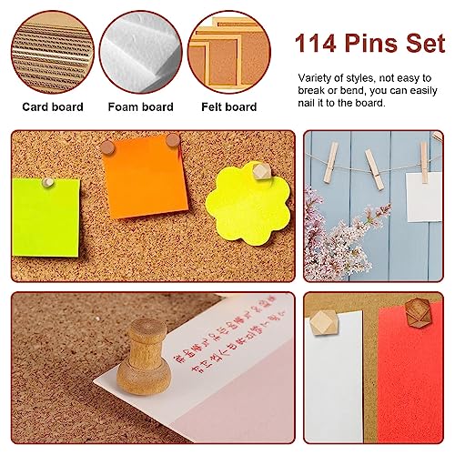 Image of Climberty 114Pcs Wood Push Pins with Storage Box, 3 Colors 7 Thumbtack Styles, Decorative Push Pins for Bulletin Board Cork Board Felt Board Push Pin Clip for Home, Office Accessories Stationery