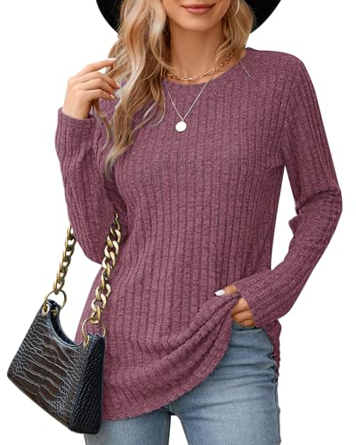 WNEEDU Långärmad damtoppar lätt rund hals tröjor ledig långärmad tröja för kvinnor höst stickad tröja vinter tröja tunika toppar pullover, malva, L