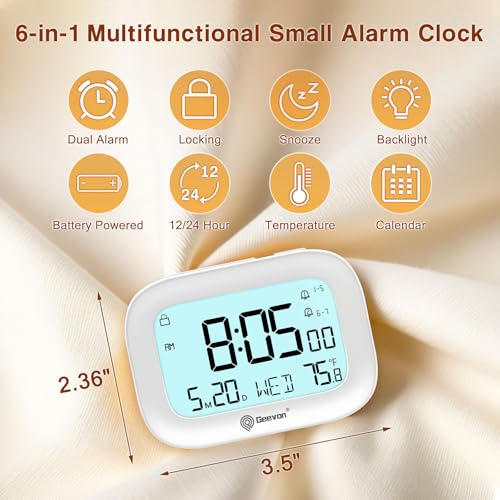Image of Geevon Small Travel Alarm Clock, Digital Alarm Clocks for Bedrooms Home Office, Battery Operated Desk Clock with 3 Inch Large Display, 2 Alarms, 5s Backlight, Snooze, Indoor Temperature, White