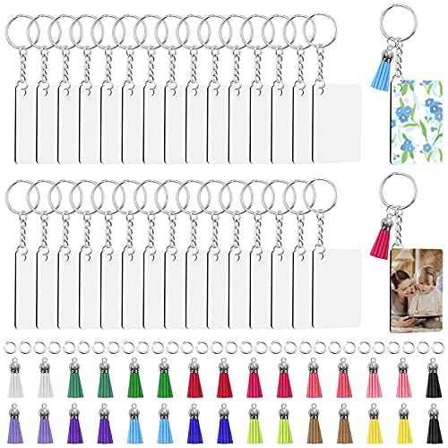 CDIYTOOL Lot de 30 Porte-clés Vierges de Sublimation avec Sublimation rectangulaire, Pompons, Anneaux Porte-clés et Anneaux Ouverts pour Loisirs créatifs(30 Sets)