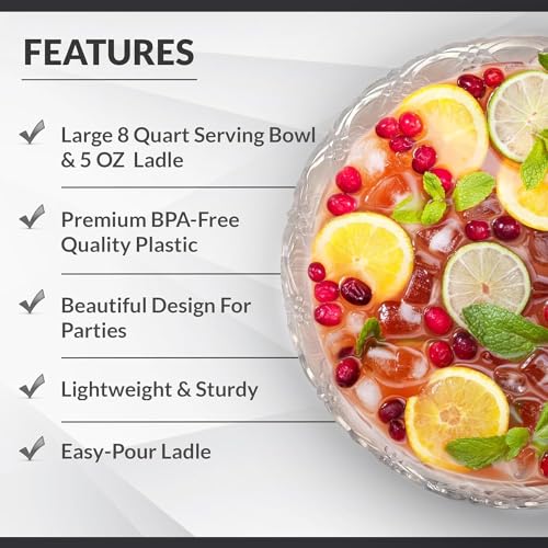 S.G Premium Quality Plastic Punch Bowl with Ladle - 2 Gallon Punch Bowl with Ladle - Embroidered Design 8 Quart large Serving Bowl with 5 oz Plastic Serving Ladle/Spoon for Parties, Holidays, and more by S.G Inc - Image 4