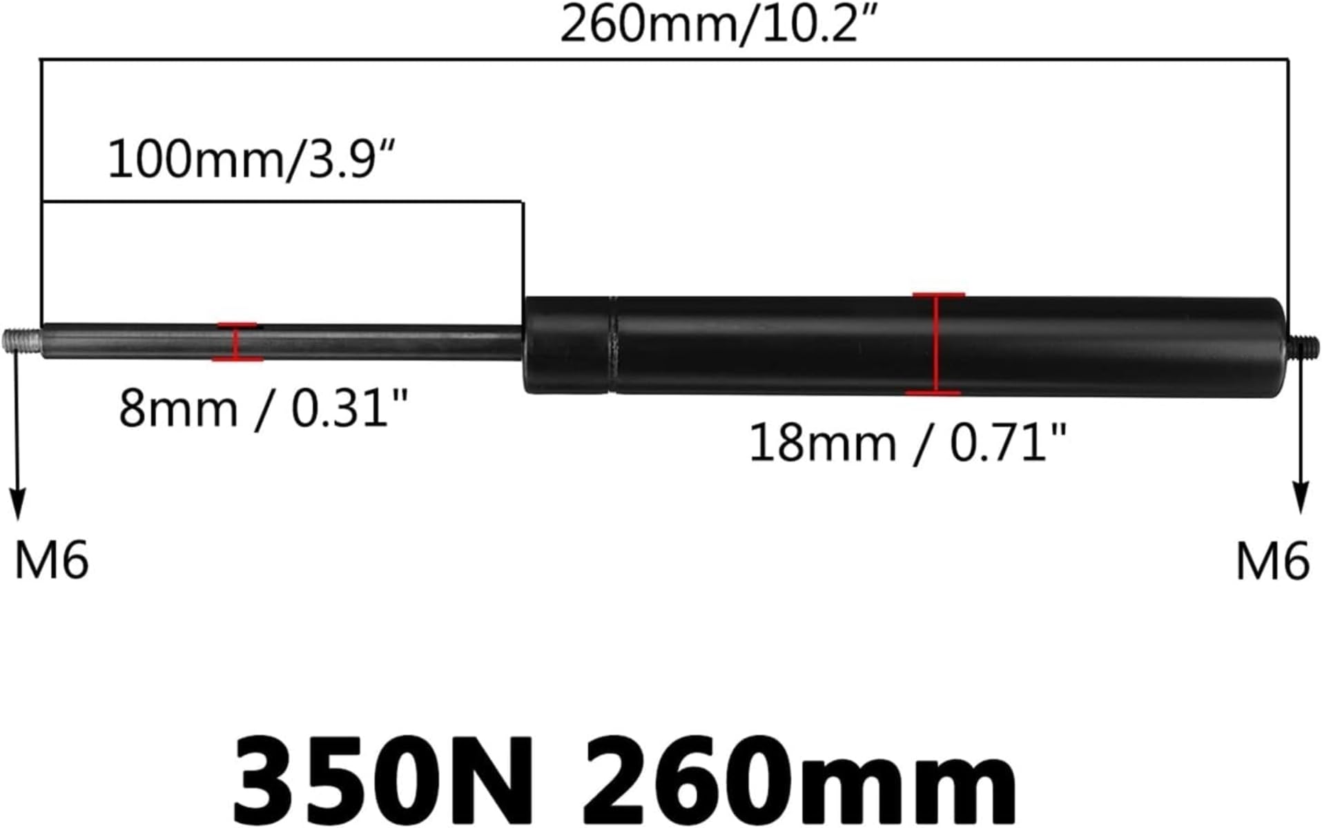 Podnośnik maski silnika 260 – 660 mm, 350 N, 8 mm, sprężyna gazowa, wspornik maski silnika, amortyzator, do samochodów kempingowych, autobusów, przyczep kempingowych
