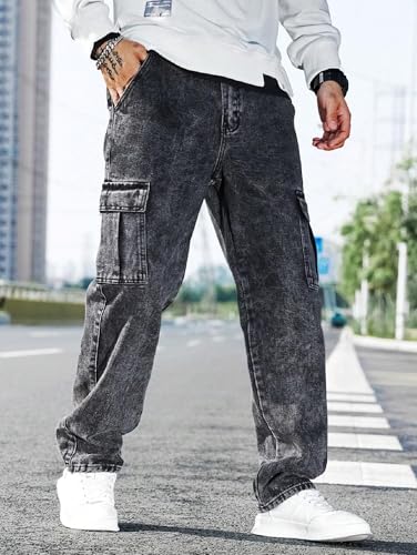 Image of QNIM Cargo for Men | Loose Fit White Denim Jeans | Stylish Cotton Multi-Pocket Casual Styling Pant | Trendy Straight Leg Comfortable Utility Streetwear Trousers (Q-04-05)