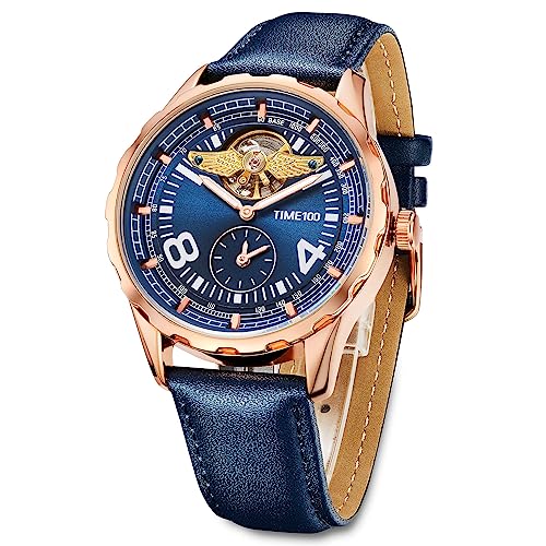 TIME100 Men's Automatic Mechanical Watch Luminous Hands Skeleton Dial Waterproof Men's Watch Pilot Series Angel Wing Business Flywheel Watch Blue