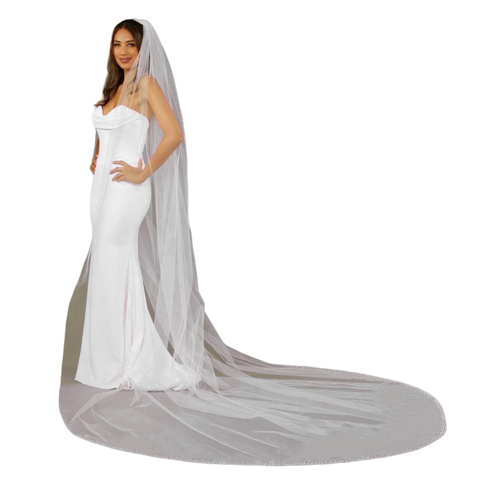 Wedding Veil Pearls and Crystals Beaded Edge 1 Tier Fingertip Length Bridal Veil V7684 1-tier fingertip veil with delicate edge of pearls  main image 3
