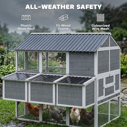 Image of PawHut 77 inch Large Chicken Coop for 6-8 Chickens, Outdoor Wooden Hen House Poultry Cage with Run, 3 Nesting Boxes, Waterproof Roof, Removable Tray, Ramp for Farm Backyard, Gray