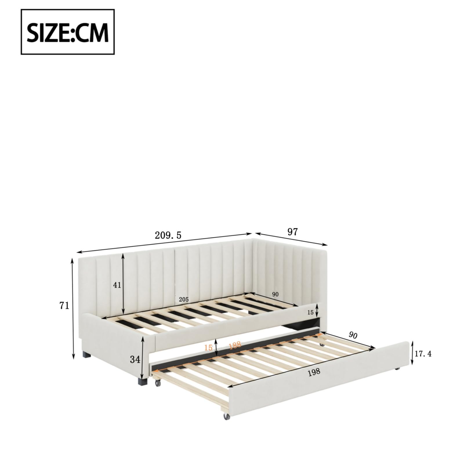 KOMHTOM Lit Gigogne Moderne et Minimaliste Escamotable avec Sommier à Lattes et Tête de Lit, Beige/Gris Tapissé Une Personne 90x200 (Beige)