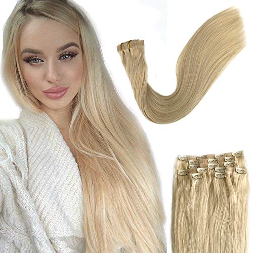613 Blonde Clip in Hair Extensions Human Hair Invisible PU Tapes Clip on Real Remy Hair Extensions Seamless Skin Weft for Black Women Double Weft Full Head Straight Glueless 100g 7pcs 16 Clips 14 Inch