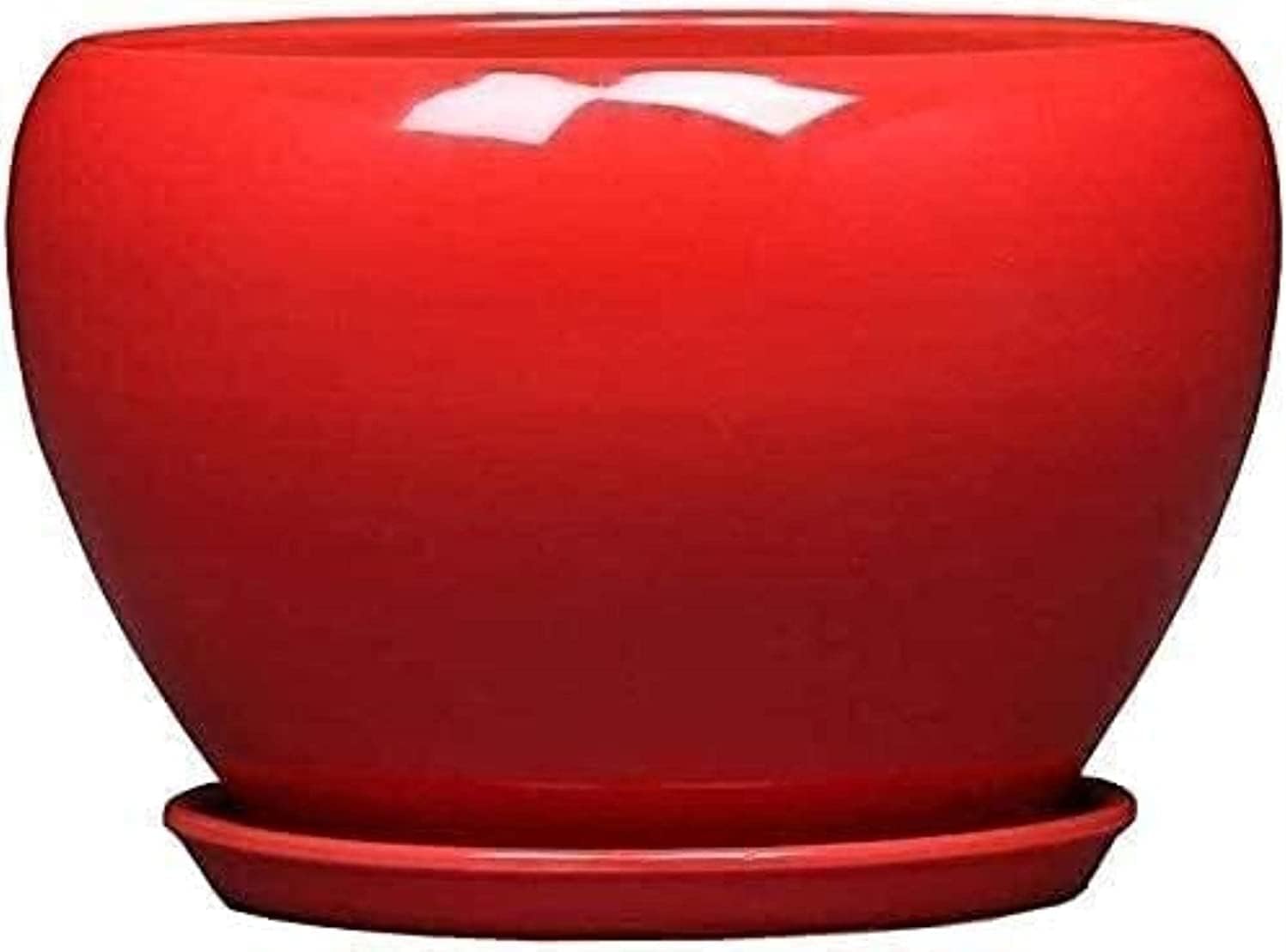 Glossy Red Ceramic Flower Pot with Drainage Hole and Matching Saucer, Round Glazed Plant Pot Vibrant Decorative Planter for Succulents, Herbs, Small Flowers