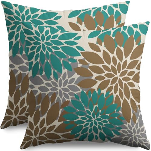 Smozenith Brown Teal Pillow Covers 20X20 Inch Set of 2, Dahlia Flower Spring Summer Floral Cream Decorative Throw Pillow Covers Outdoor Modern Farmhouse Cushion Case for Home Couch Sofa Bed Decor