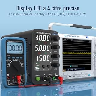 Alimentatore CC variabile, alimentatore da banco commutabile 30V,5A con ricarica rapida USB e Type-C da 20W, manopola di regolazione fine e di corasione dell'encoder, interruttore di uscita SPS-3005V