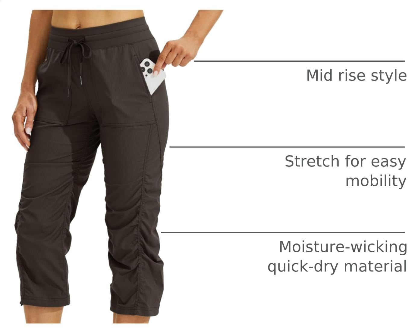  Womens Capri Pants Quick-Dry Hiking Pants | Lightweight Travel Cropped Pants with Pockets, Moisture-Wicking, Elastic Waist, Striped Woven, Summer Casual Workout Outdoor thumbnail