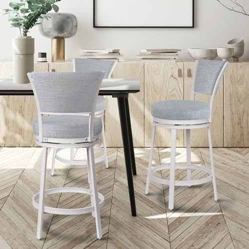FLYZC Bar Stools, 25" Round Swivel Bar Stools with Back, Counter Height Bar Stools Set of 2, Modern Swivel Bar Chairs with Back & Metal Leg, Linen Fabric BarStools for Kitchen Island, Grey & White by FLYZC - Image 2
