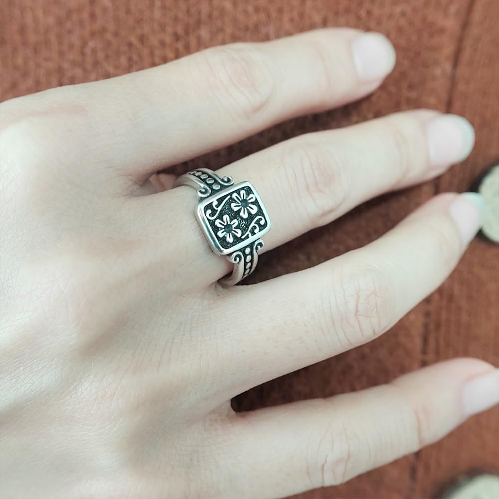 Square Carved Daisy Flower Signet Ring,Elegant Dainty Retro S925 Sterling Silver Floral Ring Statement Ring for Women