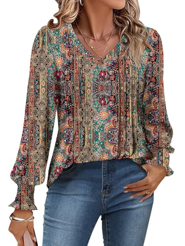 Image of CHICZONE Womens V Neck Puff Long Sleeve Pleated T Shirts for Leggings Casual Fall Tops Casual Tunic Blouse