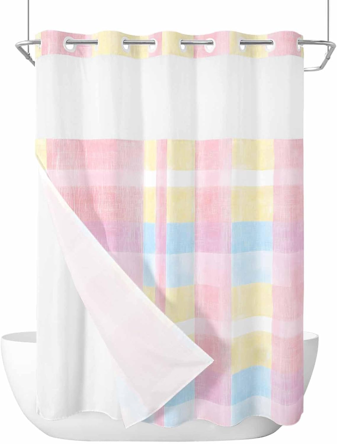 Pastoral Plaid No Hook Shower Curtain with Snap in Liner Set, Waterproof Shower Curtains for Bathroom, Blue Yellow Pink Fabric Shower Curtain, See Through Mesh Top Window, 48" W x 72" L