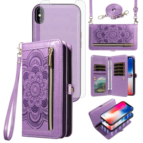 Protection écran iPhone X Xs et étui portefeuille à fermeture éclair Mandala