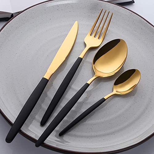 Black and Gold Cutlery Set, 4 Piece Stainless Steel Titanium Black Handle Gold Cutlery Set Service for 1, Includes 1 Knife, 1 Fork, 1 Tablespoon, 1 Teaspoon, Durable and Dishwasher Safe