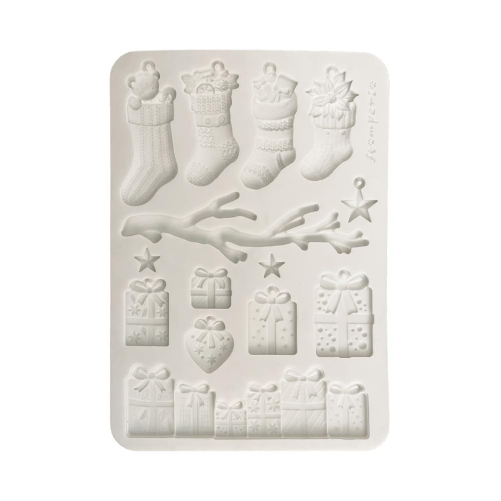 Stamperia - Silicon Mould A5 for Scrapbooks, Bullet Journals and More, Non-Stick Surface, Suitable for Air-Dry Clay, Resin and More, Perfect for Crafts and Gifting (Christmas Socks and Presents)