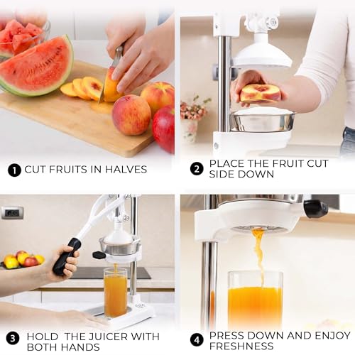 Image of Zulay Kitchen Pulperizer 9 in 1 Cast Iron Juicer - Easy-to-Clean Heavy-Duty Manual Juicer with Presser Attachment to Juice All Types of Fruits! Extra Tall with Stainless Steel Bowl - White