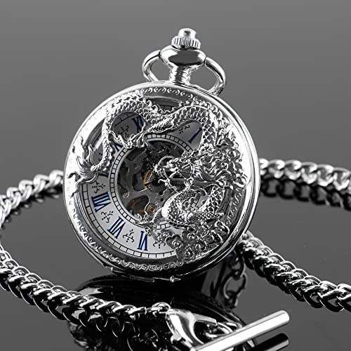 Image of Men's Mechanical Hollow Design Hand Wind Pocket Watch Roman Numerals Steampunk with Chain Box