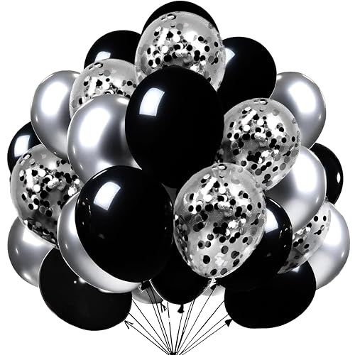 Image of Firomi Metallic Chrome Silver Black Balloons 12 inch 70 Pack (2 Ribbons) | Latex Black and Silver Confetti Balloons Set for Birthday Wedding Party New Year