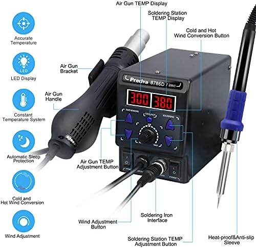 Preciva 8786D I 2-in-1 Hot Air Gun Rework and Soldering Iron Station with /, Cold/Hot Air Conversion, Soldering Iron Station with Digital Temperature Correction and Sleep Function