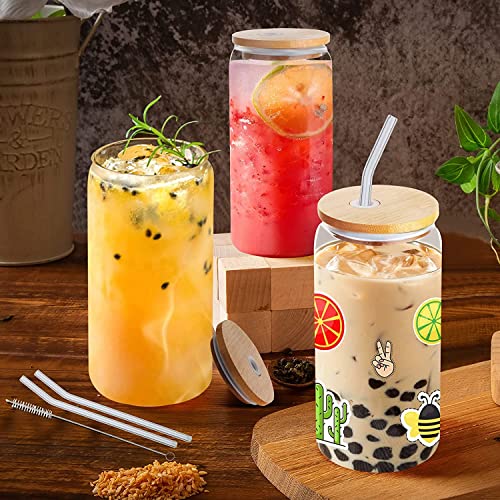 image for MOTYYA 4 Pack Drinking Glasses with Glass Straw, 16oz Can Shaped Glass