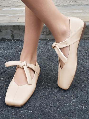 Coutgo Womens Mary Jane Flats Bow Square Toe Ballet Flats Dressy Comfortable Slip on Flat Shoes2