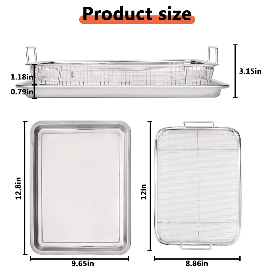 Voittozege 2 Set Air Fryer Basket for Oven, 15.5x11.5 Inch Stainless Steel Non-stick Mesh Basket Set, Air Fryer Accessories Oven Rack and Crisper Tray, Roasting Broiler Pan for Fries, Bacon, Chicken