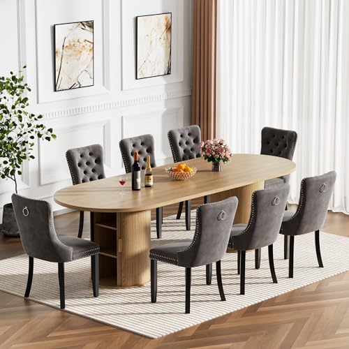 Image of 63 inch-94 inch Large Oval Extendable Dining Table for 6 8 10, Wooden Expandable Kitchen Table with Fluted Cylindrical Storage Base, Modern Farmhouse Expanding Table for Dinner Party Family Gathering, Natural