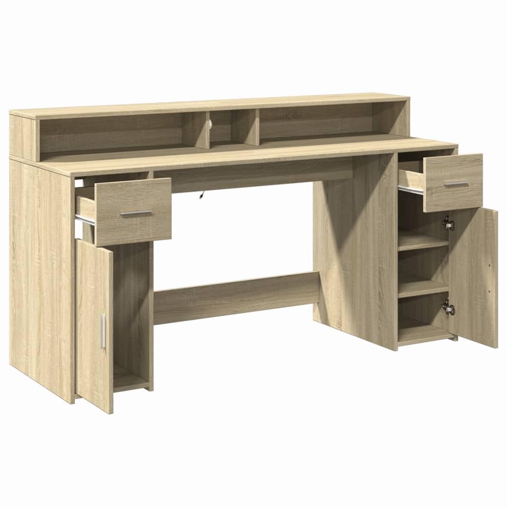 Homgoday Biurko z diodami LED Sonoma 160 x 55 x 91 cm, wielowarstwowe, meble biurkowe, biurko, biurko komputerowe, biurko zajmujące mało miejsca, stół biurkowy, biurko do gier do pokoju dziecięcego