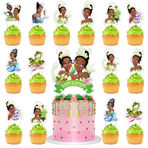 25Pcs Princess Frog Cake Decorations with 24pcs Cupcake Toppers 1pcs Cake Topper for Tiana Birthday Party Supplies